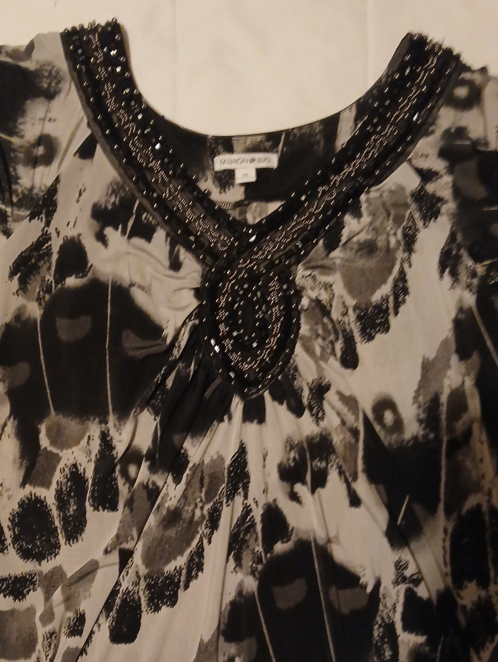 Fashion Bug Black & White Beaded V-Neck Tunic